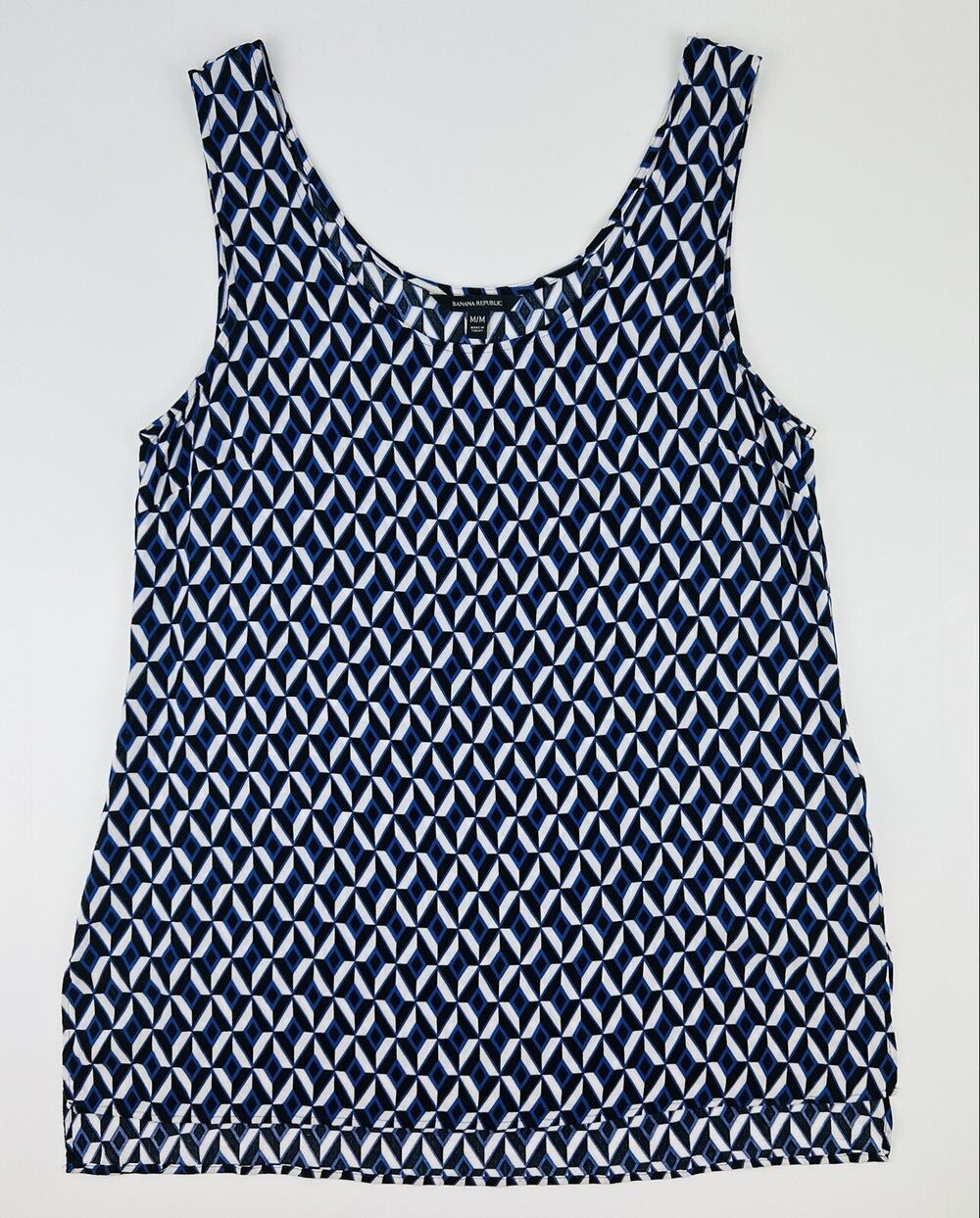 Banana Republic Tank Top Womens Career Medium Blue Black Geometric Printed Rayon